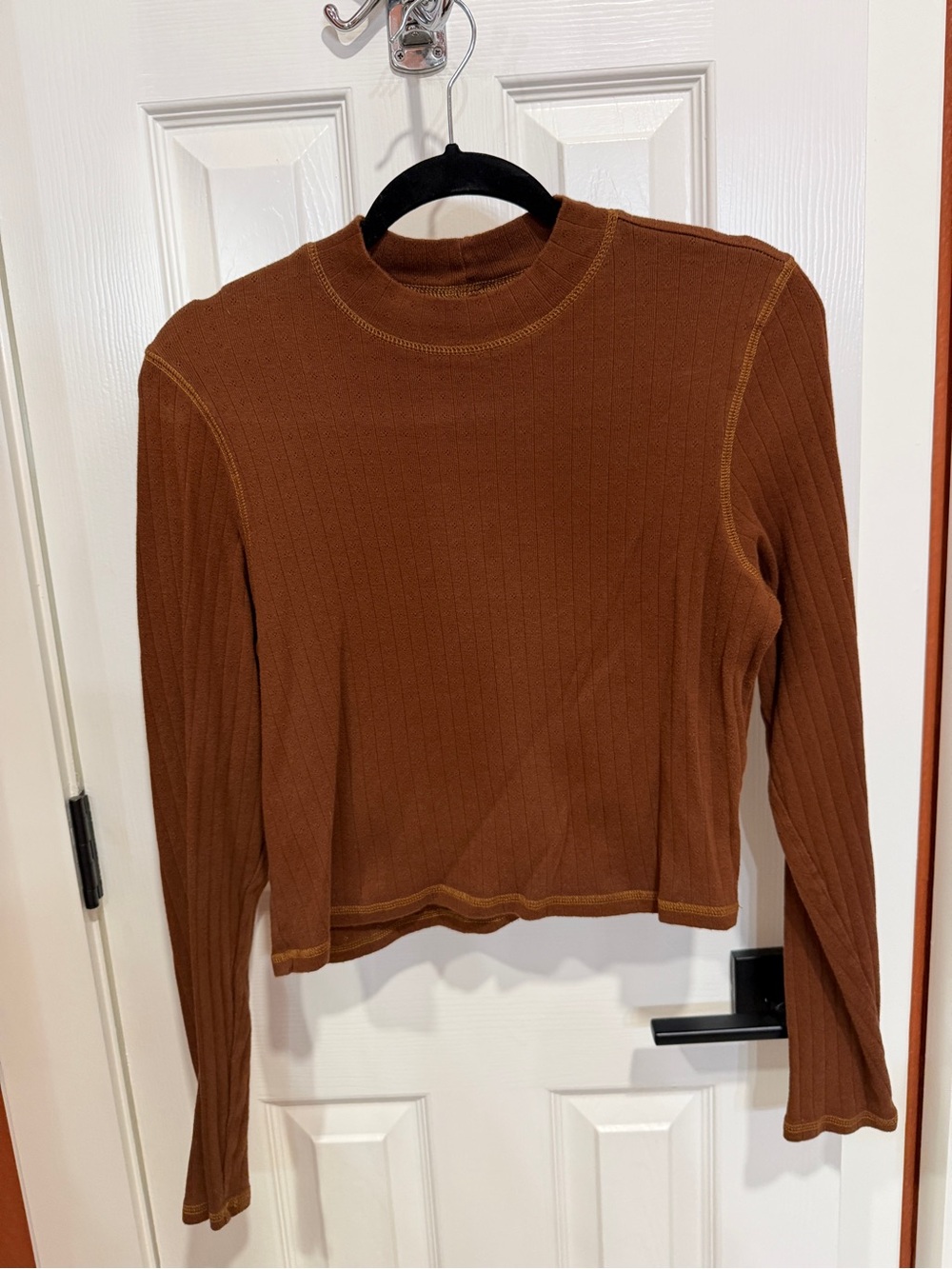 American Eagle Outfitters Ribbed Long-Sleeve Top in Rust Brown